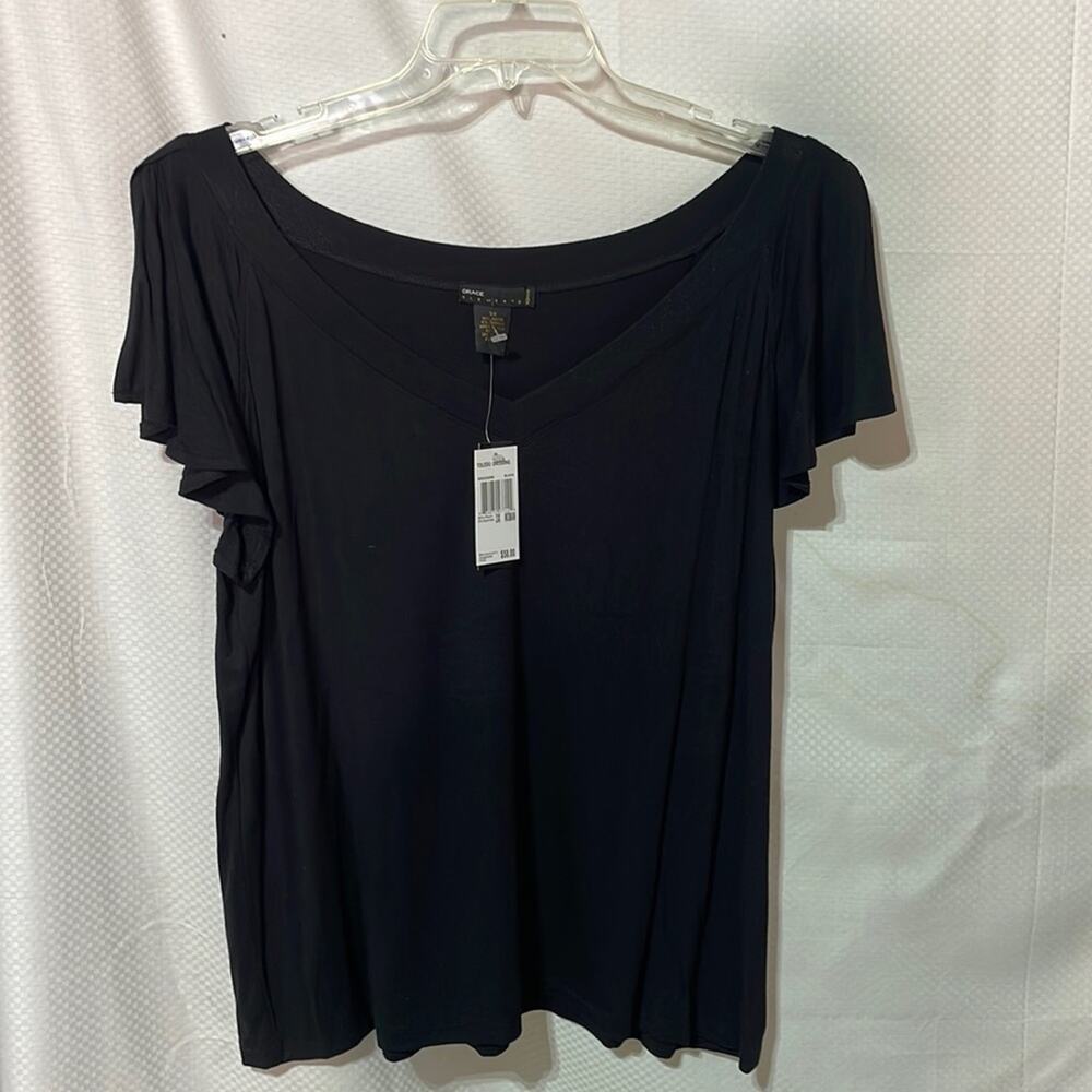 Grace Elements 3x black ruffled cap sleeve top NWT perfect wide set v neck